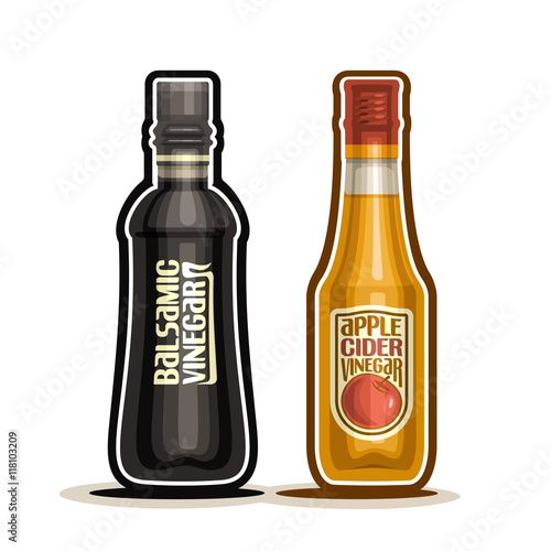 Vector logo Balsamic and Apple Cider Vinegar Bottles,container dark balsamico acetum with plastic cap, glass bottle fruit apple vinegar with label isolated on white background, acetic liquid for salad