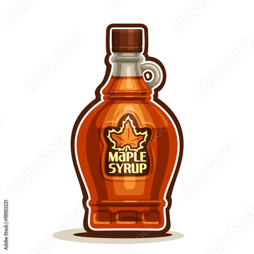 Vector logo Maple Syrup Bottle, cartoon cruet sweet maple nectar with cap, souvenir glass bottle canadian syrup with leaf on label, isolated on white background, vermont homemade dessert for breakfast