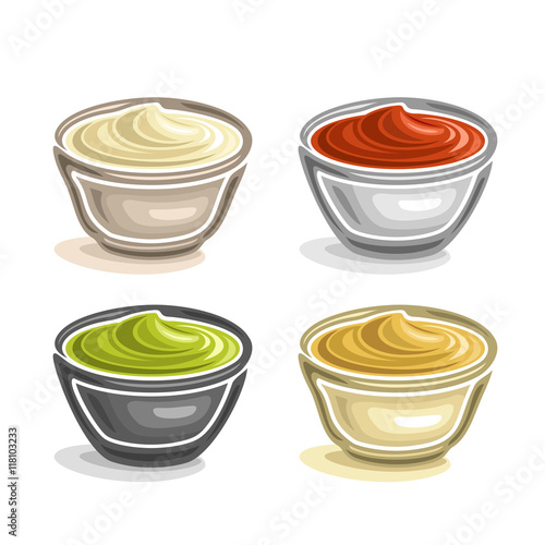 Vector abstract logo ceramic dip bowl, filled different homemade gravy dressing tomato and spicy sauce.Top set of four bowls with seasoning cream close-up, isolated on white background.