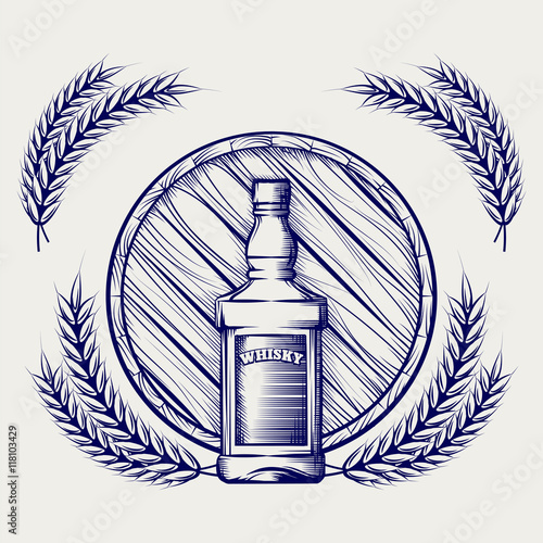 Hand drawn sketch of whisky bottle barrel and wheat ball pen logo vector