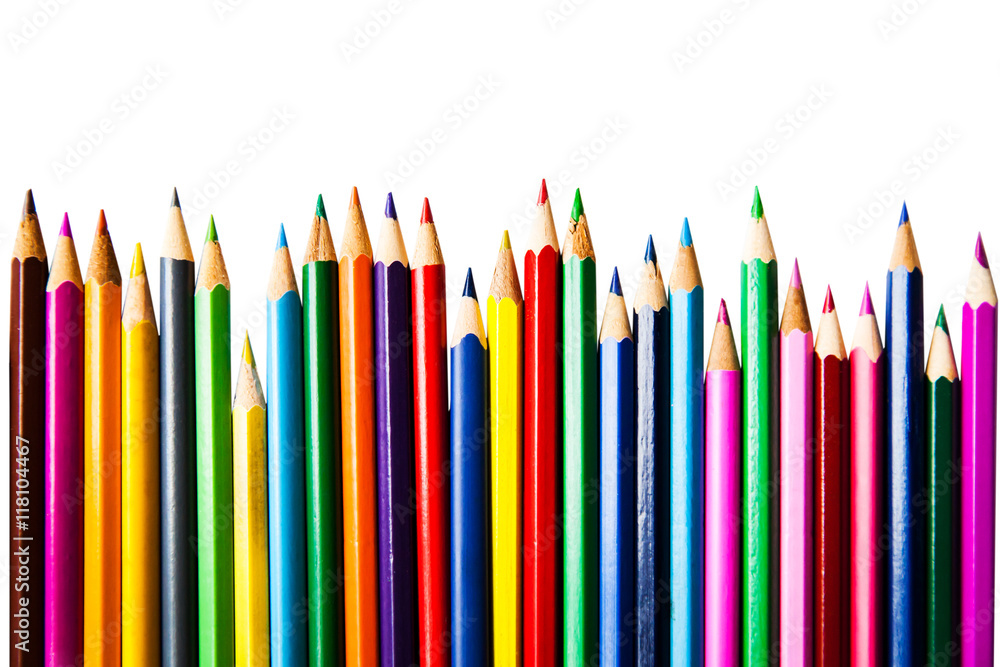Color pencils row on white background; education equipment Color pencils row on white background; education equipment
