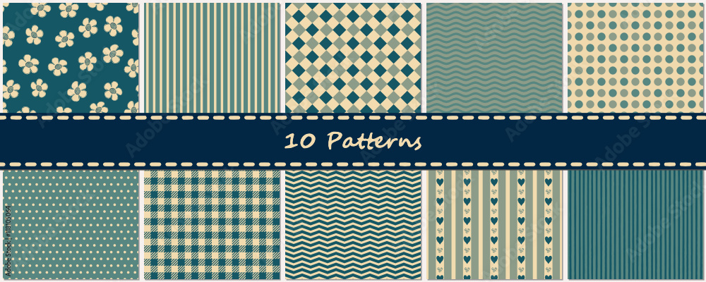 10 nahtlose Muster Hintergründe vintage blau als Set mit Streifen, Punkten und Karos