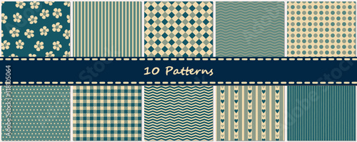 10 nahtlose Muster Hintergründe vintage blau als Set mit Streifen, Punkten und Karos