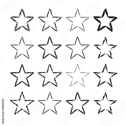 Star icons with grunge texture set. Vintage retro style. Design elements. Black silhouette  isolated on white background. Grungy artistic template. Distressed symbol. Paint brush. Vector illustration
