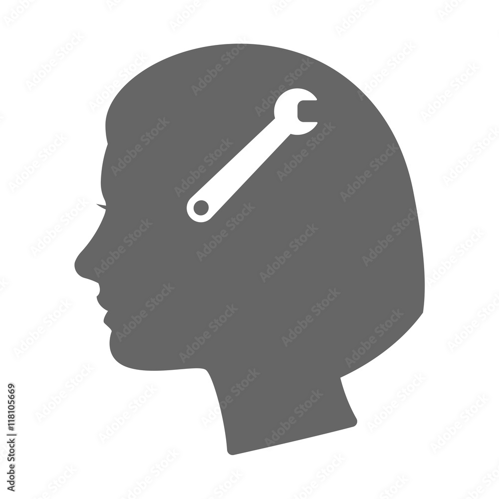 Isolated female head silhouette icon with a spanner Isolated female head silhouette icon with a spanner