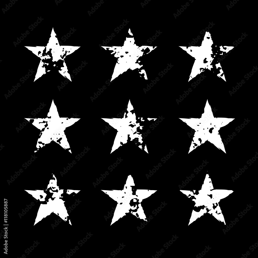 Fototapeta premium Star icons with grunge texture set. Vintage retro style. Design elements. White silhouette, isolated on black background. Grungy artistic template. Distressed symbol. Paint brush. Vector illustration