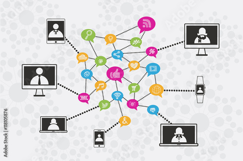 Social Network concept with profile of people on communication devices connected to each others.