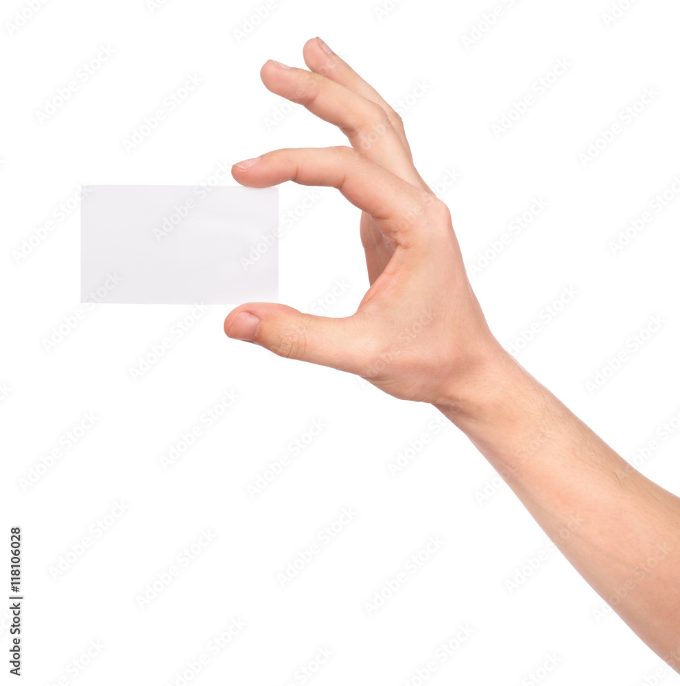 Hand holding an empty business card over white Hand holding an empty business card over white