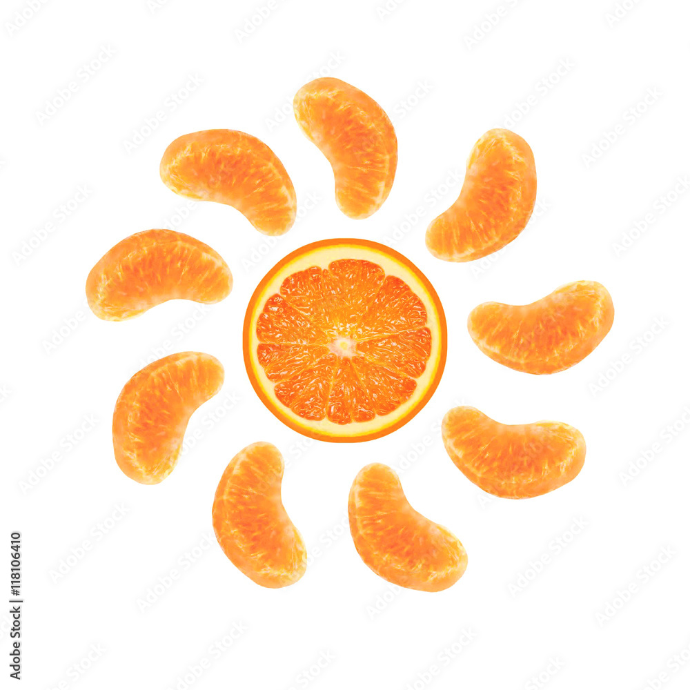 Fresh summer fruits in shape sun, orange and rays of mandarins i Fresh summer fruits in shape sun, orange and rays of mandarins i