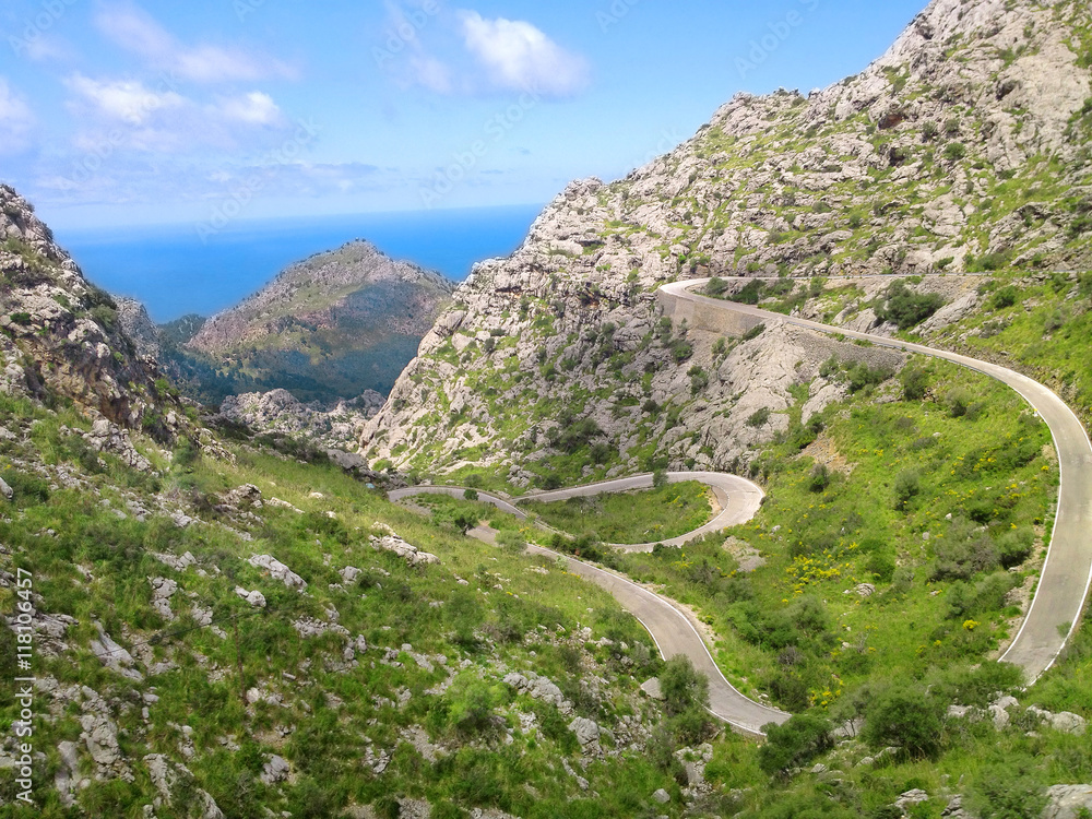 Landscape view serpentine road in island Mallorca Spain