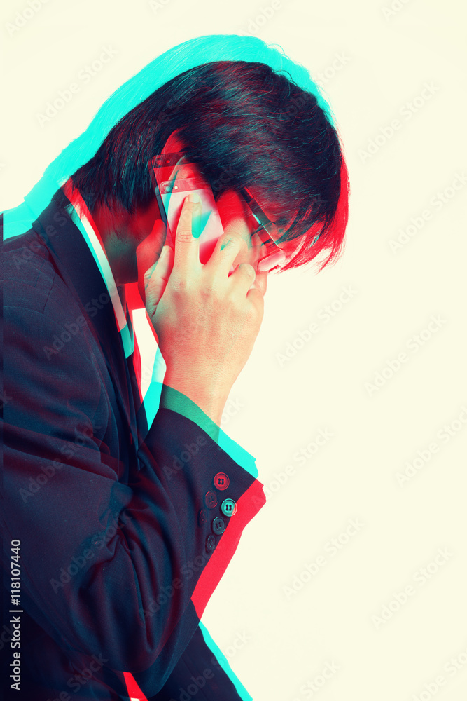 Naklejka premium Glitch effect;Businessman using smartphone.
