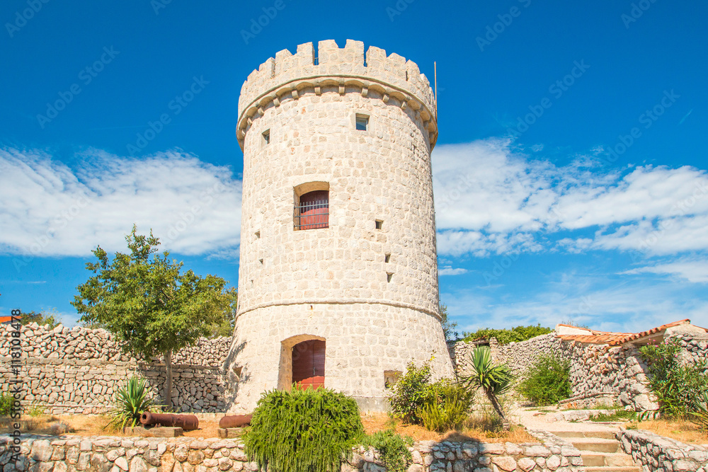 Old defense tower fortress in town of Cres, Kvarner, Croatia