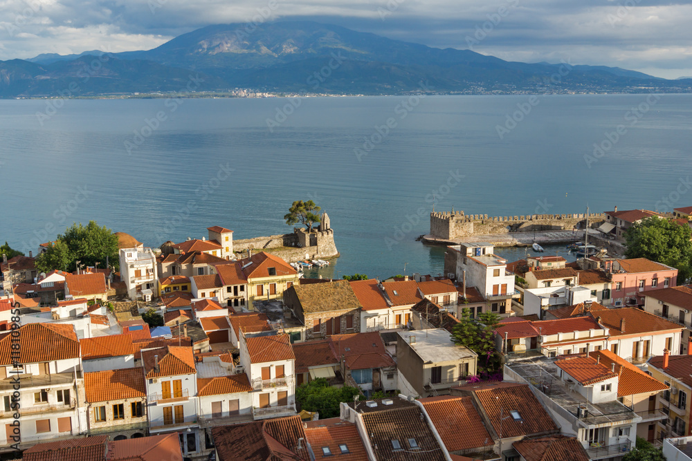 Amazing panorama Panorama with Fortification at the port of Nafpaktos town, Western Greece
