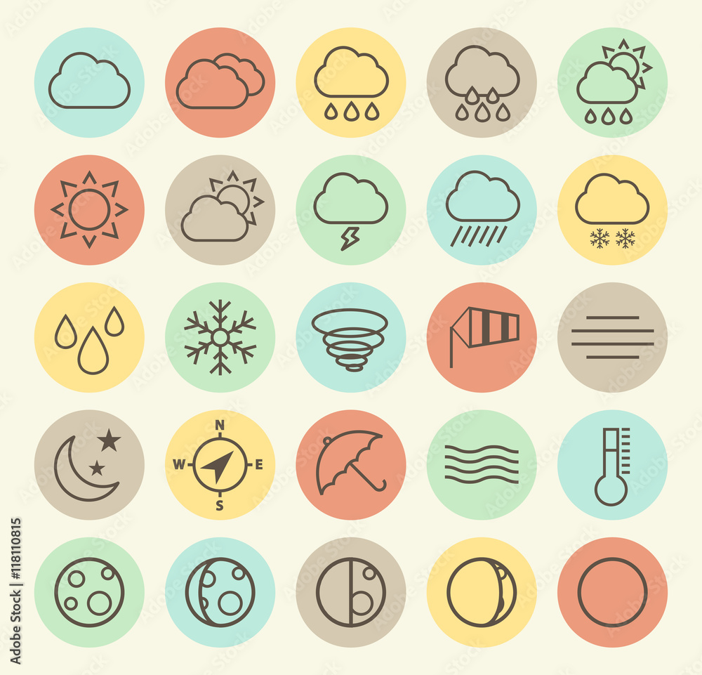 Set of Isolated Universal Minimal Simple Thin Line Weather Icons on Circular Color Buttons. Set of Isolated Universal Minimal Simple Thin Line Weather Icons on Circular Color Buttons.