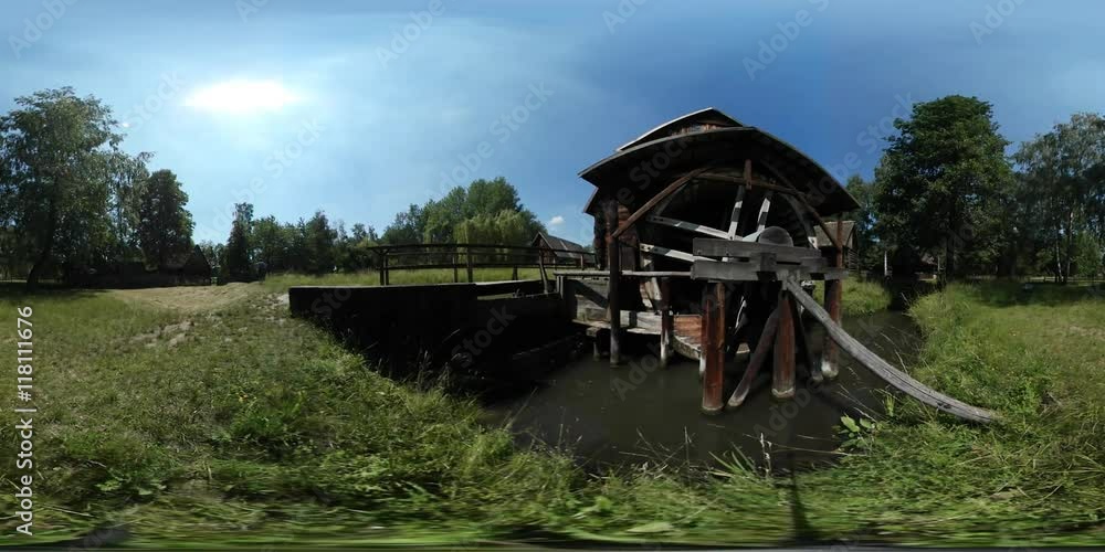 360Vr Video Man Walking by Bridge Water Mill Old Village Tourist is Observing Rustic Lake House With Their Courtyards Green Trees Lawn Forest Sunny Day 360Vr Video Man Walking by Bridge Water Mill Old Village Tourist is Observing Rustic Lake House With Their Courtyards Green Trees Lawn Forest Sunny Day