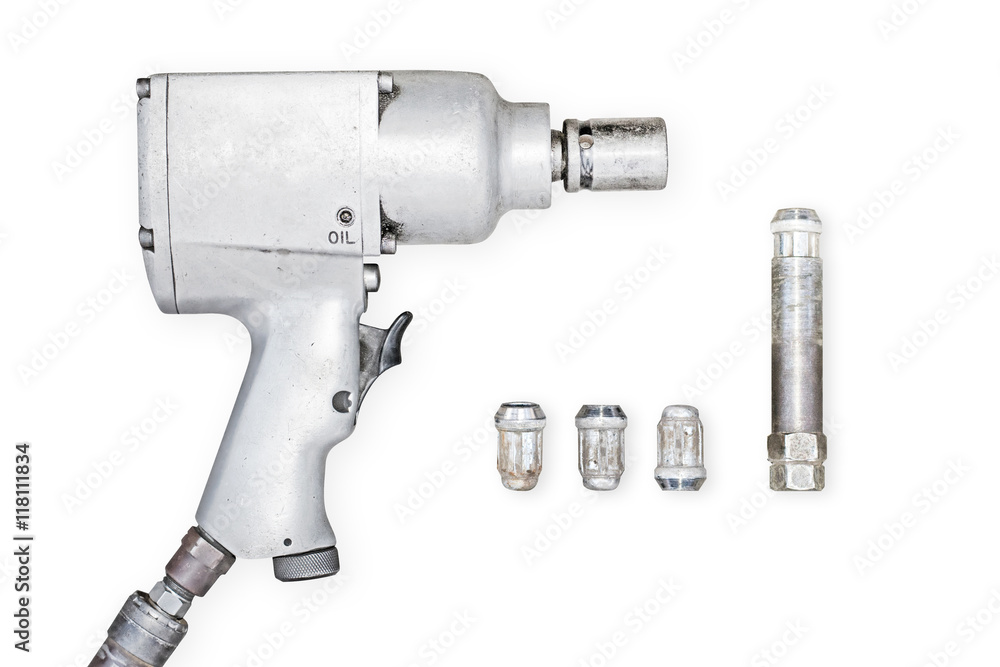 Impact air wrench and bolts on white background. Impact air wrench and bolts on white background.