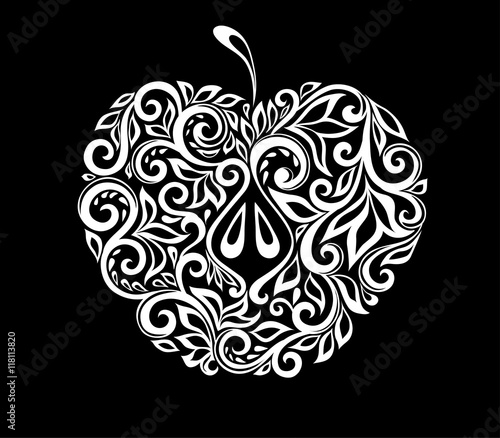 beautiful monochrome black and white apple decorated with floral pattern isolated.