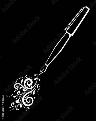 beautiful monochrome black and white outline of an ink pen with a painted floral design of curves and curls isolated.