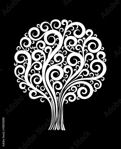 beautiful monochrome black and white tree in a flower design with swirls and flourishes isolated.
