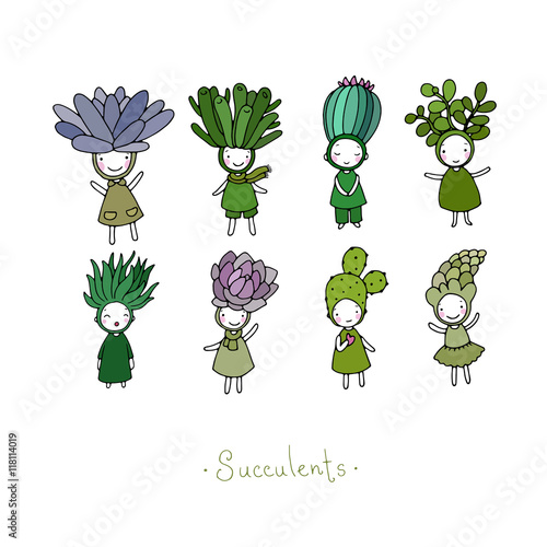 Graphic set with cute cartoon succulents.