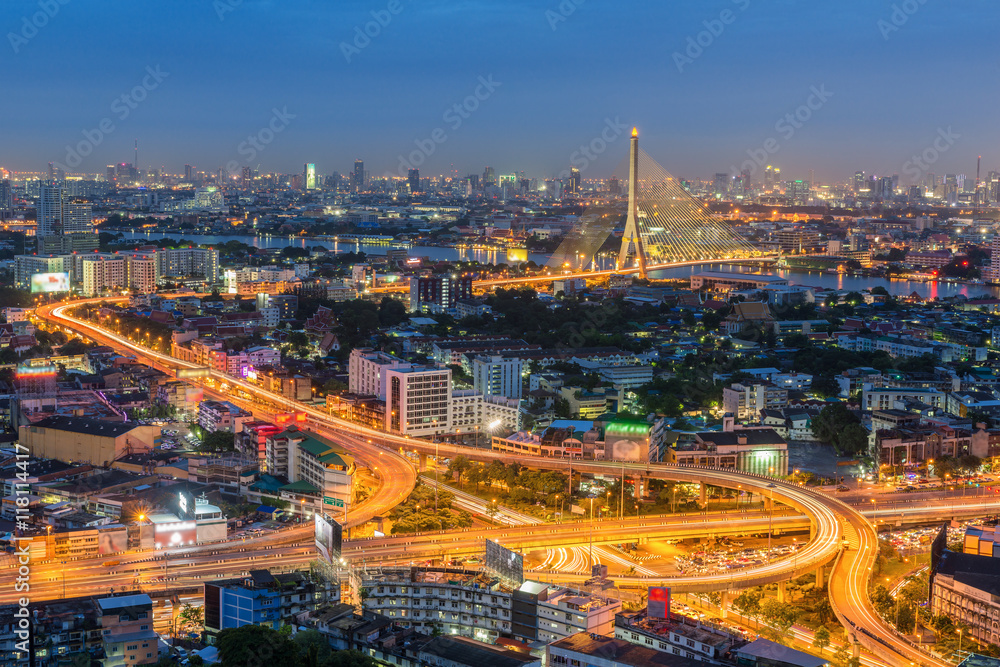 Elevated highway and overpass road with bridge in Bangkok, Thailand - obrazy, fototapety, plakaty 