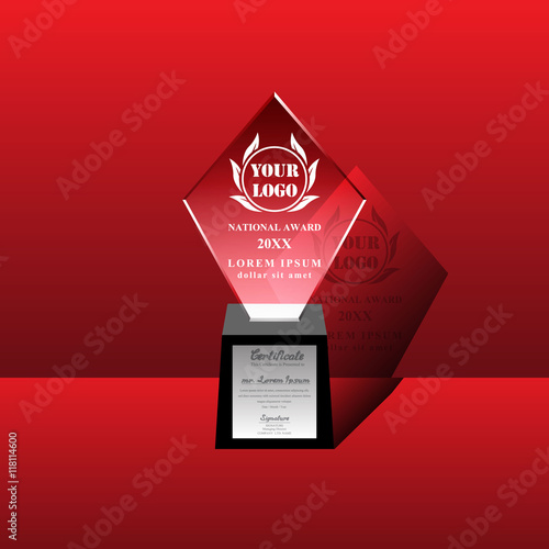 Crystal trophy certificate design template on red background. Vector Illustration