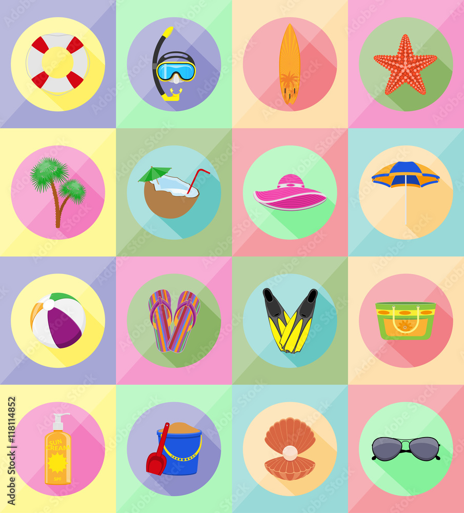 objects for recreation a beach flat icons vector illustration