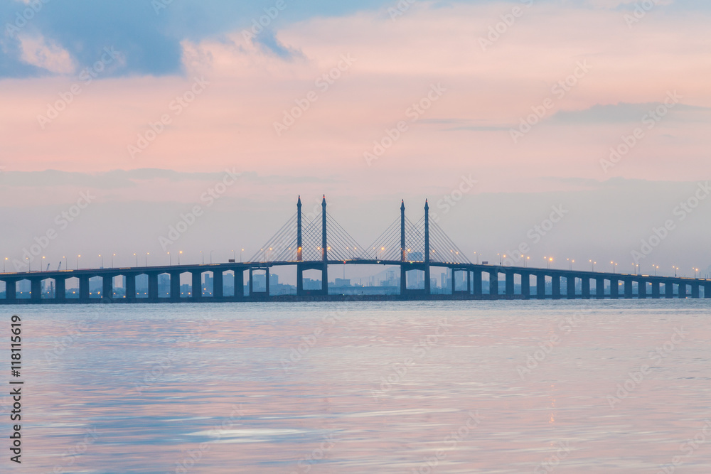 Sunrise by the shore with view of Penang Bridge