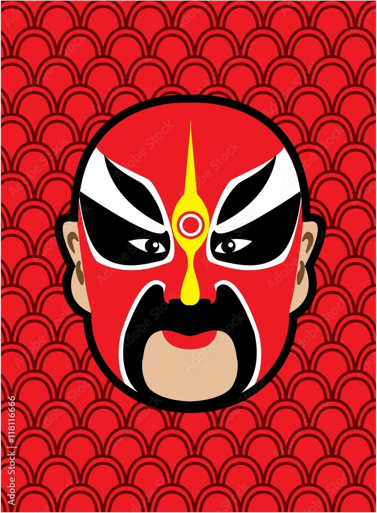 Stockvector Traditional Chinese opera mask on red pattern background |  Adobe Stock