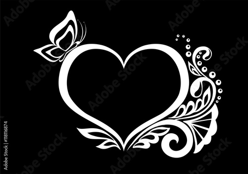 beautiful monochrome black and white silhouette of the heart of lace flowers, tendrils and leaves isolated.