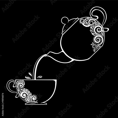 Beautiful black and white contour of the Cup and teapot with floral element isolated.