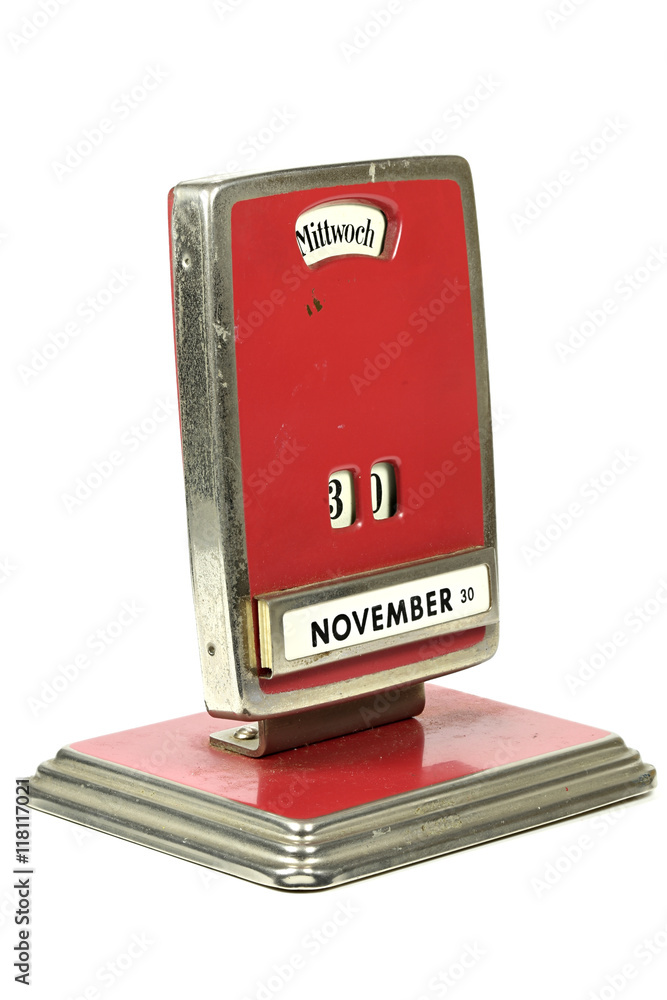 ewiger Kalender mit Datumsanzeige 30. November isoliert auf weißem Hintergrund