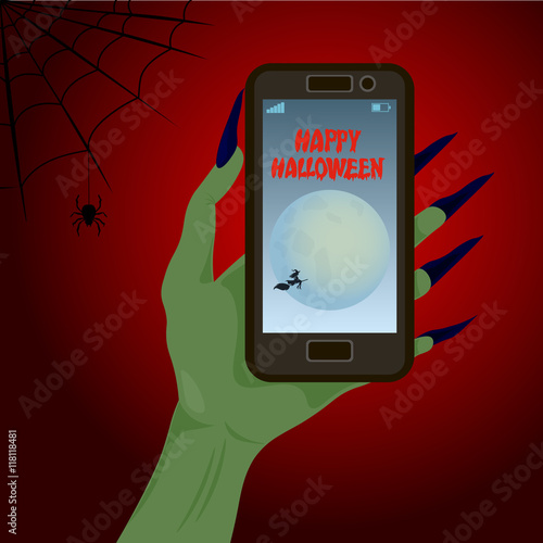 Happy Halloween and hand with phone