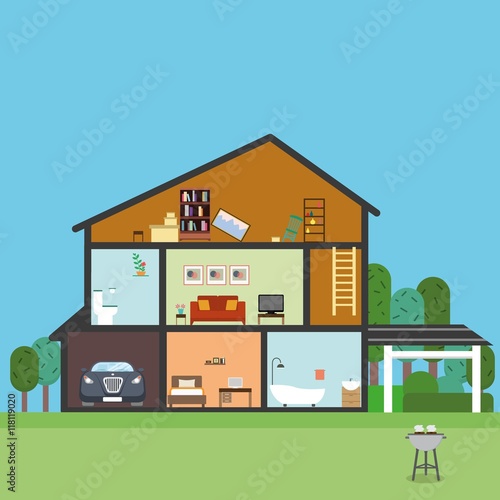 House in a cut vector. House interior with car, bath, living room, b-b-q.