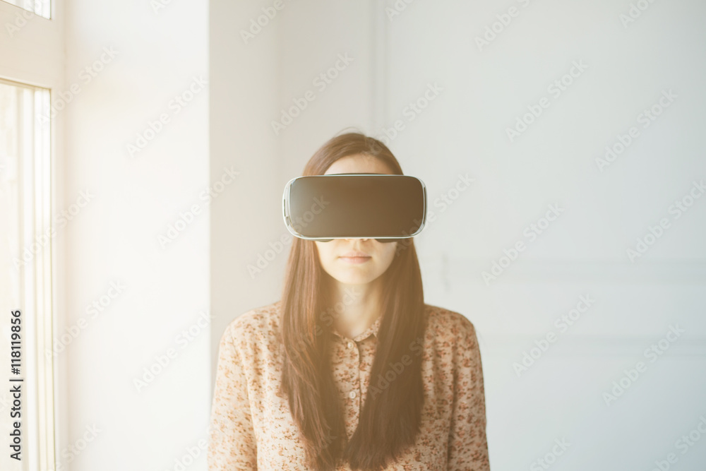 Woman with glasses of virtual reality. Future technology concept.