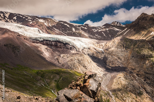 Elbrus glacier in Caucasus Mountains. Mount Elbrus is the highest mountain in Europe