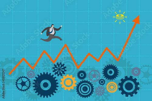 Business concept. Businessman running up the fluctuated financial graph with group of mechanical gears below.