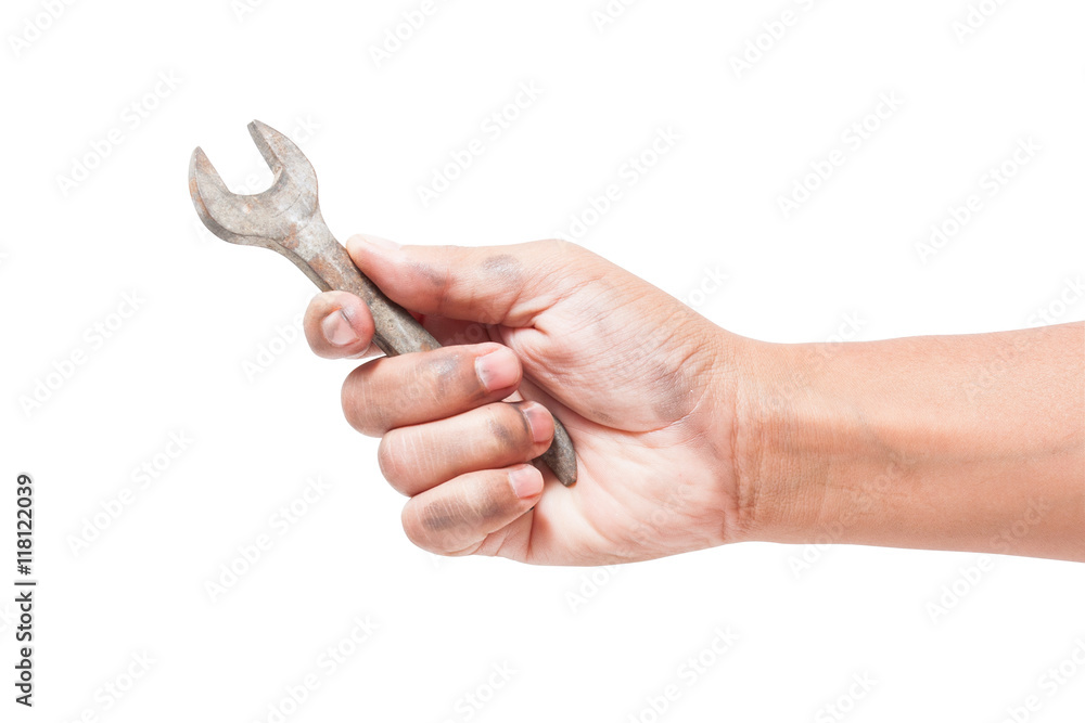 hand holding a spanner isolated on a white background with using path