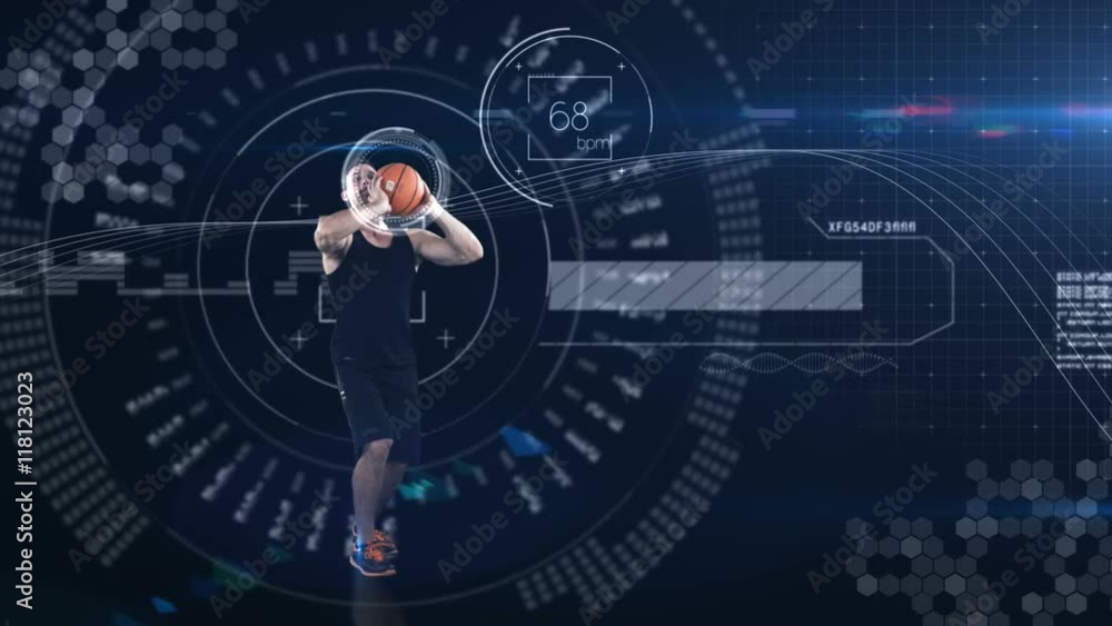 Athlete playing basketball against animated background Athlete playing basketball against animated background