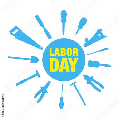 vector illustration wth labor day lettering and building tools background