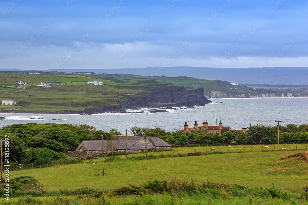 View of village and beach nearby Giant's Causeway, in Northern I
