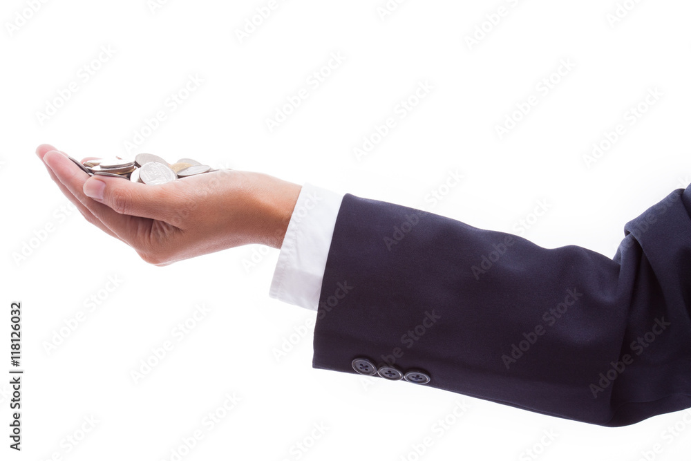 Fototapeta premium Business woman hand holding coins on white background