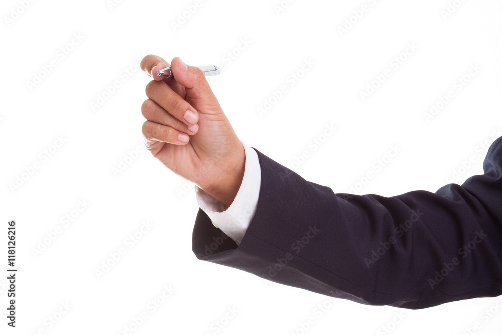 Fototapeta premium Hand holding a pen isolated on white 