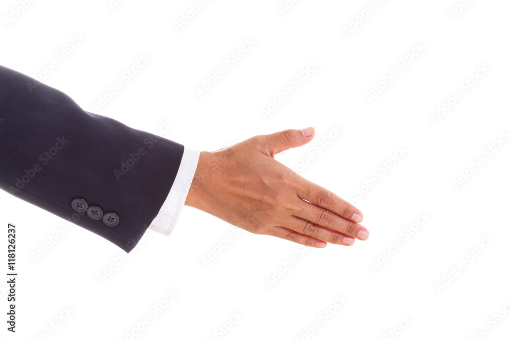 Businessman offering handshake to you on white background 