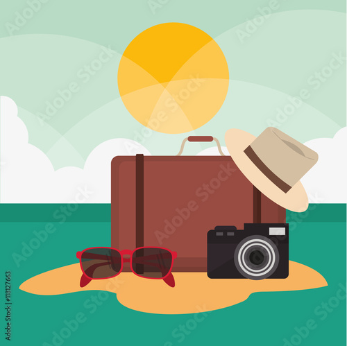 suitcase hat glasses camera vacation summer travel tourism icon, vector illustration