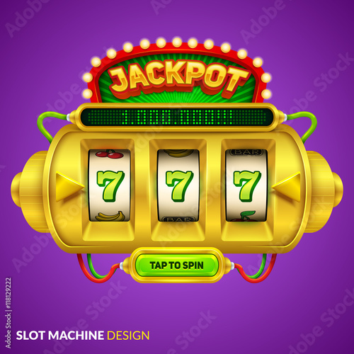 Gold slot machine illustration with screen and button. Eps10 vector.