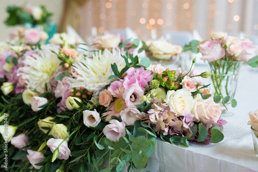 Beautiful flowers on table at wedding day