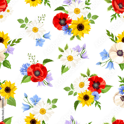 Vector seamless pattern with colorful wild flowers on a white background.