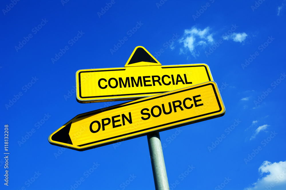Commercial vs Open source - Traffic sign with two options - licensed software protected by copyright vs free programmes developed and shared by programmers Commercial vs Open source - Traffic sign with two options - licensed software protected by copyright vs free programmes developed and shared by programmers