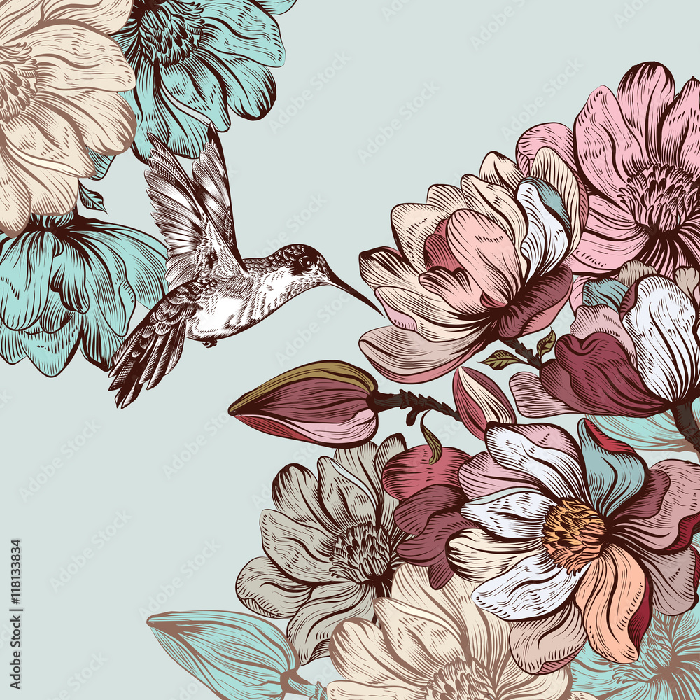 Fototapeta premium Vector background with magnolia flowers and bird in engraved sty